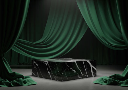 Black marble square pedestal centered on a stage, framed by luxurious, flowing emerald green velvet curtains. ideal for premium product display, mockup, or theatrical presentation.の素材