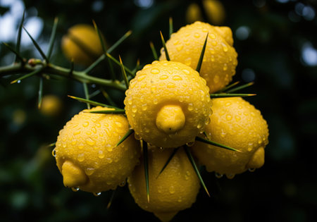 Cluster of vibrant yellow lemons covered in fresh water droplets, growing on a spiky branch against a dark, moody background. citrus fruit harvest and freshness concept.の素材