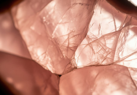 Rose quartz crystal texture close up, showing translucent pink mineral structure with internal cracks and glowing light. ideal for luxury, geology, or wellness concepts.の素材
