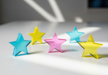 Five translucent acrylic star shapes in bright pastel colors blue, yellow, pink arranged on a clean white surface, representing a five star rating system, quality, and excellence.の素材