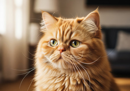 Fluffy orange long haired cat captured in a detailed close up portrait indoors. the feline has striking green eyes and prominent white whiskers, conveying a curious and gentle expression.の素材