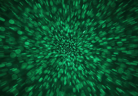 Emerald green abstract background featuring dense, shimmering bokeh lights radiating outward with a strong radial motion blur effect. ideal for technology, speed, energy, and futuristic concepts.の素材