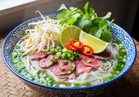 Beef pho noodle soup served in a patterned bowl, topped with thin slices of beef, rice noodles, fresh bean sprouts, cilantro, green onion, lime, and chili. aromatic traditional vietnamese cuisine.の素材