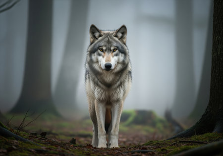 Majestic gray wolf standing centered in a dark, foggy forest environment. the wild predator looks directly forward, emphasizing wilderness, nature, and conservation concepts.の素材