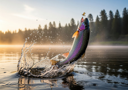 Vibrant rainbow trout fish leaping from the water surface in a dynamic splash, attempting to catch a fly lure. action shot during golden hour fishing.の素材