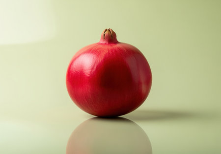 Whole vibrant red pomegranate fruit displayed in a clean studio setting on a reflective light green surface. focus on freshness, healthy eating, and natural food.の素材
