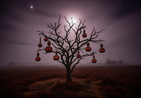 Dead, gnarled tree silhouette standing in a foggy field under a dark night sky with a crescent moon. sinister gourds with glowing red eyes hang from the branches, creating a chilling halloween atmosphere.の素材