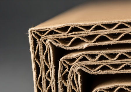 Extreme macro shot reveals structural layers of thick, brown double wall corrugated cardboard. rough fibers and fine texture are visible in the edge detail.の素材