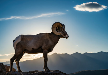 Bighorn sheep stands on a rocky peak against a backdrop of distant mountains and a blue sky with a single cloud. the sun is setting, casting a warm glow over the scene.の素材