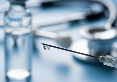 Macro shot shows a syringe needle with a single drop, vial, and stethoscope. represents medical precision, vaccination, and healthcare advancements in a clinical setting.の素材