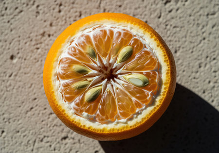 Close up of halved ugli fruit, showcasing its irregular, glistening surface texture. jamaican tangelo features seeds, pulp, and vibrant colors, highlighting natural details and freshness.の素材