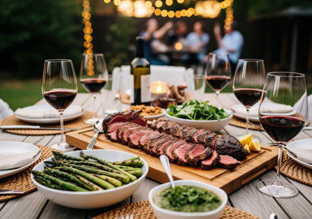 Close up of sliced steak on a wooden board, asparagus, salad, and red wine glasses on an outdoor dining table. friends gather in the background under string lights.の素材