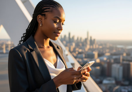 Young black businesswoman in suit uses smartphone against city skyline. confident female professional types on mobile device outdoors, modern communication and technology.の素材
