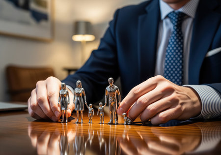 Financial advisor arranges silver family figurines on a wooden desk. concept for financial planning, insurance, investment, and family protection, showcasing asset management.の素材