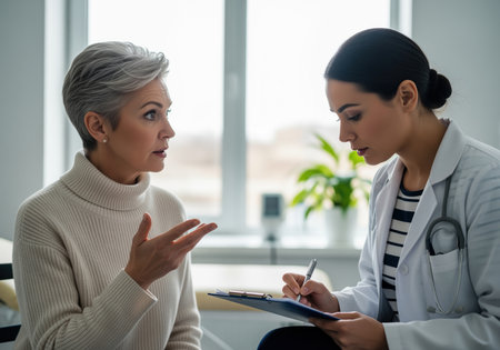 Mature woman consults with a doctor in a clinic. the doctor takes notes on a clipboard while the patient gestures and speaks. healthcare and medical consultation concept.の素材