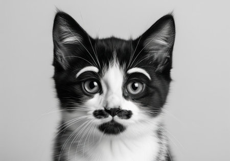 Monochrome portrait of a kitten with black and white markings resembling a mustache and eyebrows on its face. the cat stares directly at the camera with a neutral expression.の素材