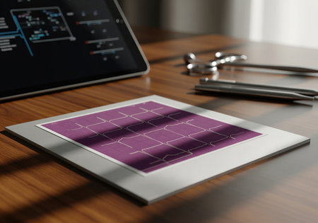 Deep violet cardiogram printed on pale silver cardstock, displayed with a tablet and surgical tools on a wooden table. medical technology and healthcare concept.の素材