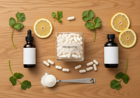 Overhead shot displays probiotic capsules in glass, collagen powder in spoon, tincture bottles, lemon slices, and cilantro sprigs on wood. focus on wellness and supplements.の素材