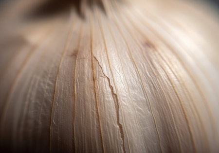 Close up of garlic bulb showcasing its papery texture and intricate layers. the image captures the subtle light and shadows, highlighting the natural patterns and details.の素材