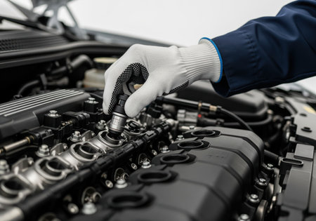 Automotive engineer gloved hand attaches sensor to fuel injection system. car maintenance and repair concept with focus on precision and expertise in engine work.の素材