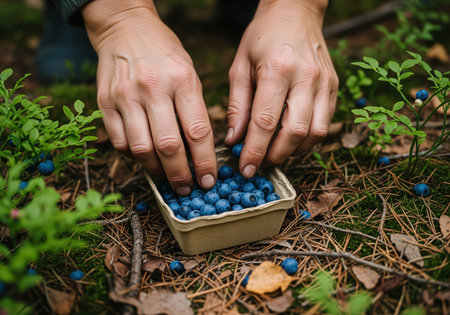 Hands carefully place freshly picked blueberries into a small container in a forest setting. the scene highlights the natural beauty and bounty of wild foraging, with pine needles.の素材