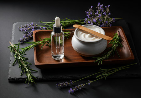 Cosmetic cream in jar, essential oil bottle, wooden spatula, rosemary and lavender sprigs on wooden tray. concept of natural cosmetics, spa, aromatherapy and beauty treatment.の素材