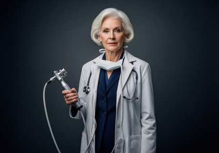 Senior woman doctor in lab coat holds endoscope, stethoscope around neck. physician with medical equipment poses in studio against dark gray background, looking at camera.の素材