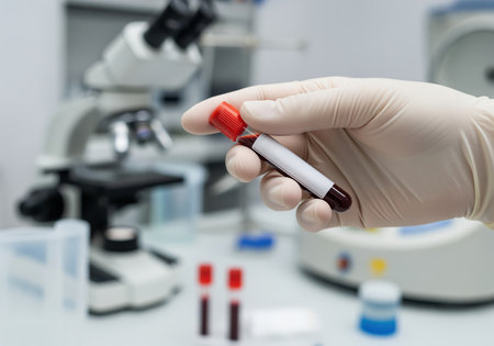 Gloved hand holds a blood sample tube with a red stopper in a laboratory setting. microscope and other tubes are visible in the background, suggesting medical analysis.の素材