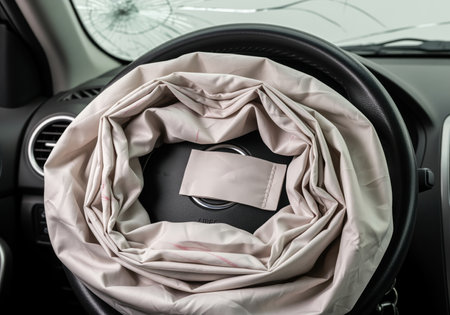 Deployed airbag on steering wheel after car crash with cracked windshield. safety feature activated in vehicle collision, demonstrating accident aftermath and protection.の素材