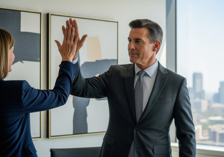 Businessman and businesswoman in suits high fiving in office with city view. symbolizes teamwork, success, and collaboration in corporate environment. professional attire, modern office setting.の素材
