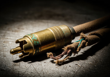 Vintage RCA phono connector with a brass finish shows oxidation and wear. the cable has a fabric covering that is frayed, revealing the inner wires, set on scratched surface.の素材