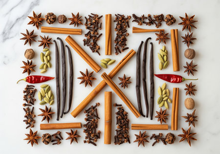 Overhead shot displays star anise, cinnamon sticks, vanilla beans, cardamom, cloves, nutmeg, and red chili peppers arranged in a geometric pattern on a marble surface.の素材