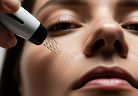 Close up of a woman receiving microneedling treatment on her face. the procedure involves tiny needles to rejuvenate skin, stimulate collagen, and reduce wrinkles.の素材