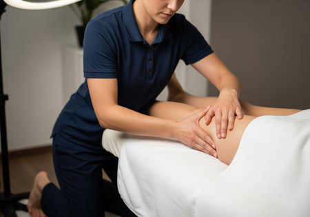 Woman therapist kneels, applying massage to client leg on white massage table. hands press firmly, focusing on muscle relief and therapeutic touch in spa setting.の素材