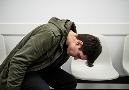Young man slumped forward on a chair, wearing a hooded jacket. depicts feelings of despair, depression, anxiety, and the weight of personal struggles in a waiting area.の素材