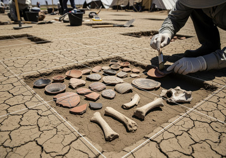 Archaeological dig site shows grid over cracked earth. pottery shards, bones, and a skull are carefully arranged within a square. an archaeologist cleans a pottery piece.の素材