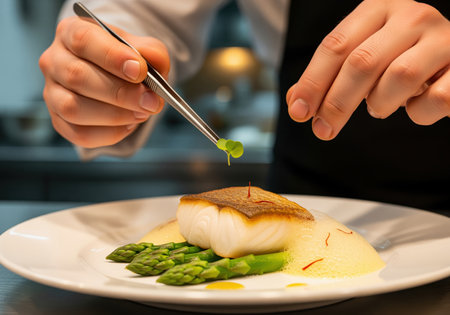 Close up of chef garnishing a dish with tweezers and microgreens. the plate features a piece of fish, asparagus, foam, and saffron threads, showcasing culinary precision.の素材