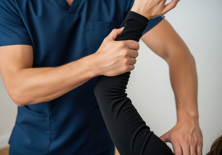 Therapist manipulates woman arm, providing manual therapy to improve range of motion and reduce pain. focus on precise hand placement and therapeutic touch.の素材
