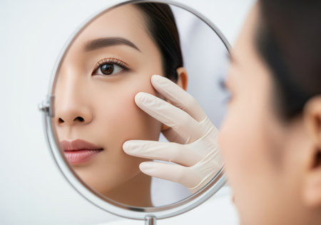 Reflection of asian woman face in a mirror, hand in surgical glove touches her face. concept for skincare, dermatology, beauty, health, and cosmetic procedures.の素材