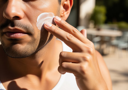 Close up of a latin man applying sunscreen to his face with his fingers, focusing on skincare and protection from the sun. outdoor setting with natural light.の素材