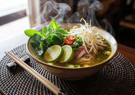Steaming bowl of vietnamese pho broth garnished with fresh mint, lime, chili, and bean sprouts. noodle soup with chopsticks on a woven mat presents authentic cuisine.の素材