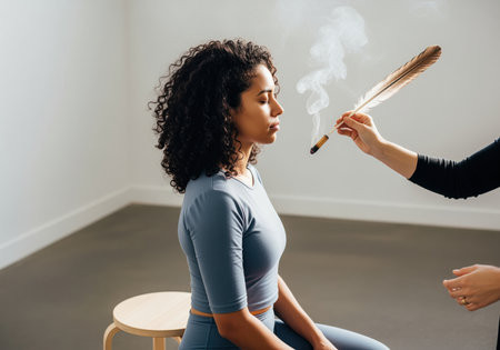 Brazilian woman sits during holistic wellness session, eyes closed, receiving energy clearing with feather and burning incense. minimalist setting promotes relaxation and focus.の素材