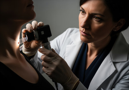 Dermatologist examines patient neck with dermatoscope for skin cancer screening. doctor in white coat and gloves checks mole. medical professional and healthcare concept.の素材