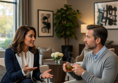 Woman in blazer gestures while talking to man holding tea in living room. conversation between colleagues, business meeting, or casual discussion in a relaxed setting.の素材