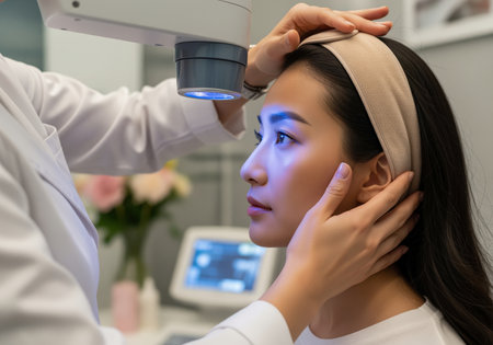 Elegant asian woman with dark hair receives facial skin treatment with blue light therapy. doctor in white coat holds the device and touches the patient face. beauty concept.の素材