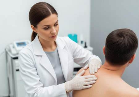 Female doctor examines a male patient shoulder in a clinic. she wears a white coat and gloves, touching his shoulder to assess his condition. medical care and health concept.の素材