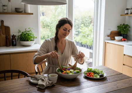 Woman mixes a fresh salad with edible flowers at a wooden table in a bright kitchen. plate of sliced vegetables and herbs, healthy eating and wellness concept.の素材