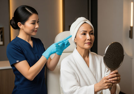 Asian woman in white robe holds mirror as beautician in blue gloves examines her face. focus on cosmetic procedure, skin care, and professional consultation in spa.の素材