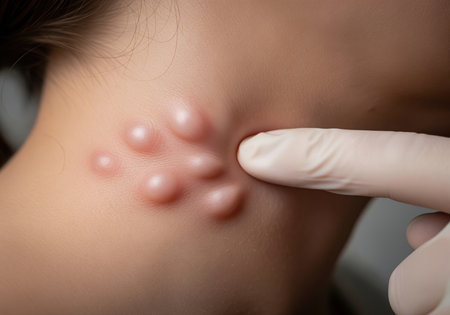 Close up shows a woman neck with multiple cysts, possibly indicating an allergic reaction or skin condition. a gloved hand examines the affected area, highlighting a health concern.の素材