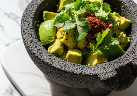 Close up of guacamole in a dark, rough molcajete bowl. avocado chunks, cilantro, and red pepper flakes are visible. the bowl sits on a marble surface.の素材